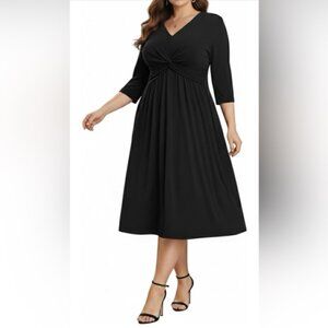 Plus Size Dress Twist Knot V Neck 3/4 Sleeves A Line Wedding Guest Midi Dresses